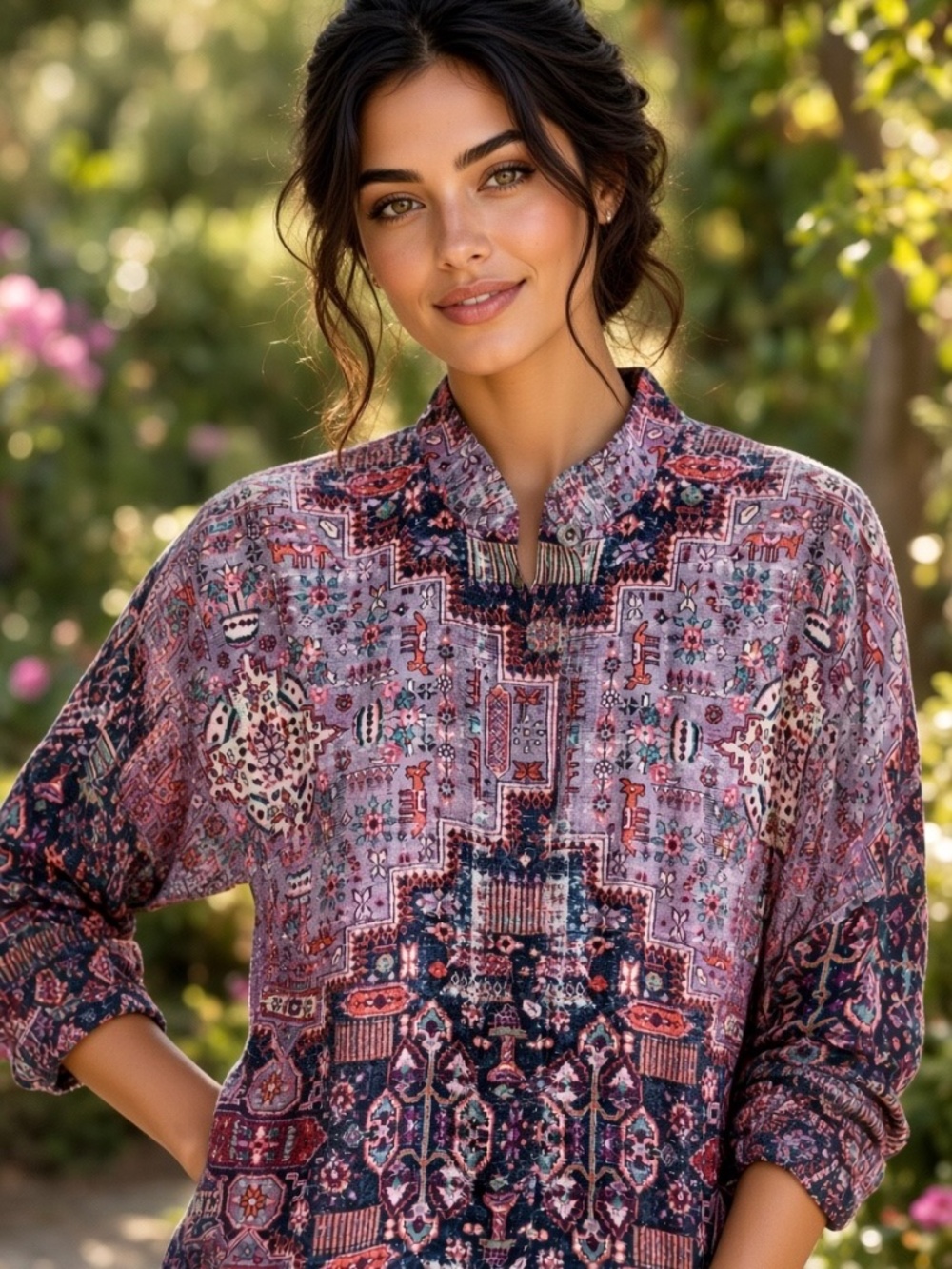 Nicole Miller Artelier "Persian Rug Print" Mock Neck Blouse Sz S
